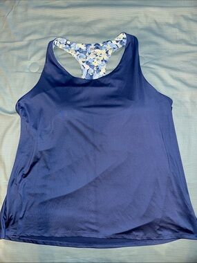 ZELOS Navy Blue Racerback Tank Top with Floral Back